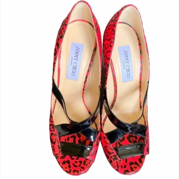 Jimmy Choo Hot Pink Animal Print Open Toe Heels Size 38.5 - Picture 2 of 9